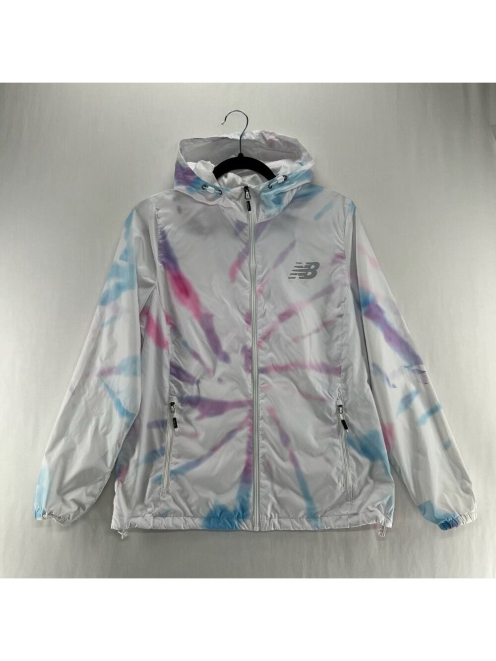 New Balance Tie Dye Windbreaker Jacket Womens M Zip Up Hooded Pocket Lined White - Picture 1 of 10